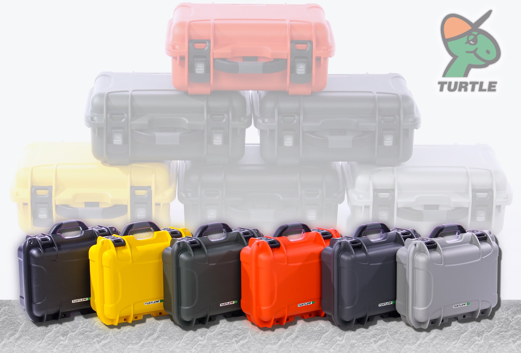 Turtle Case Banner Featuring Each Color case with stacked cases in the background 