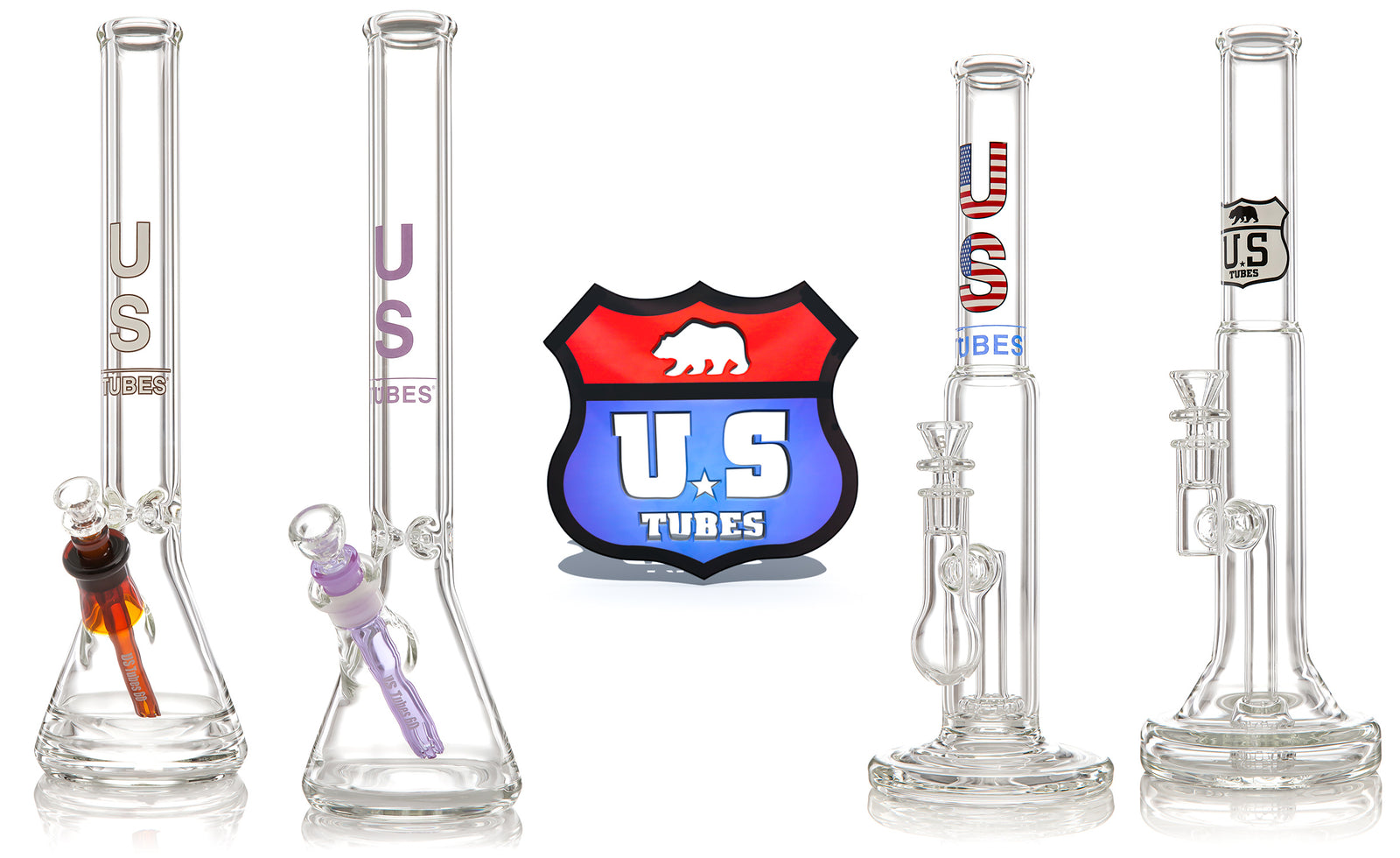 US TUBES Banner with four water pipes and US Tubes logo in the center with drop shadow