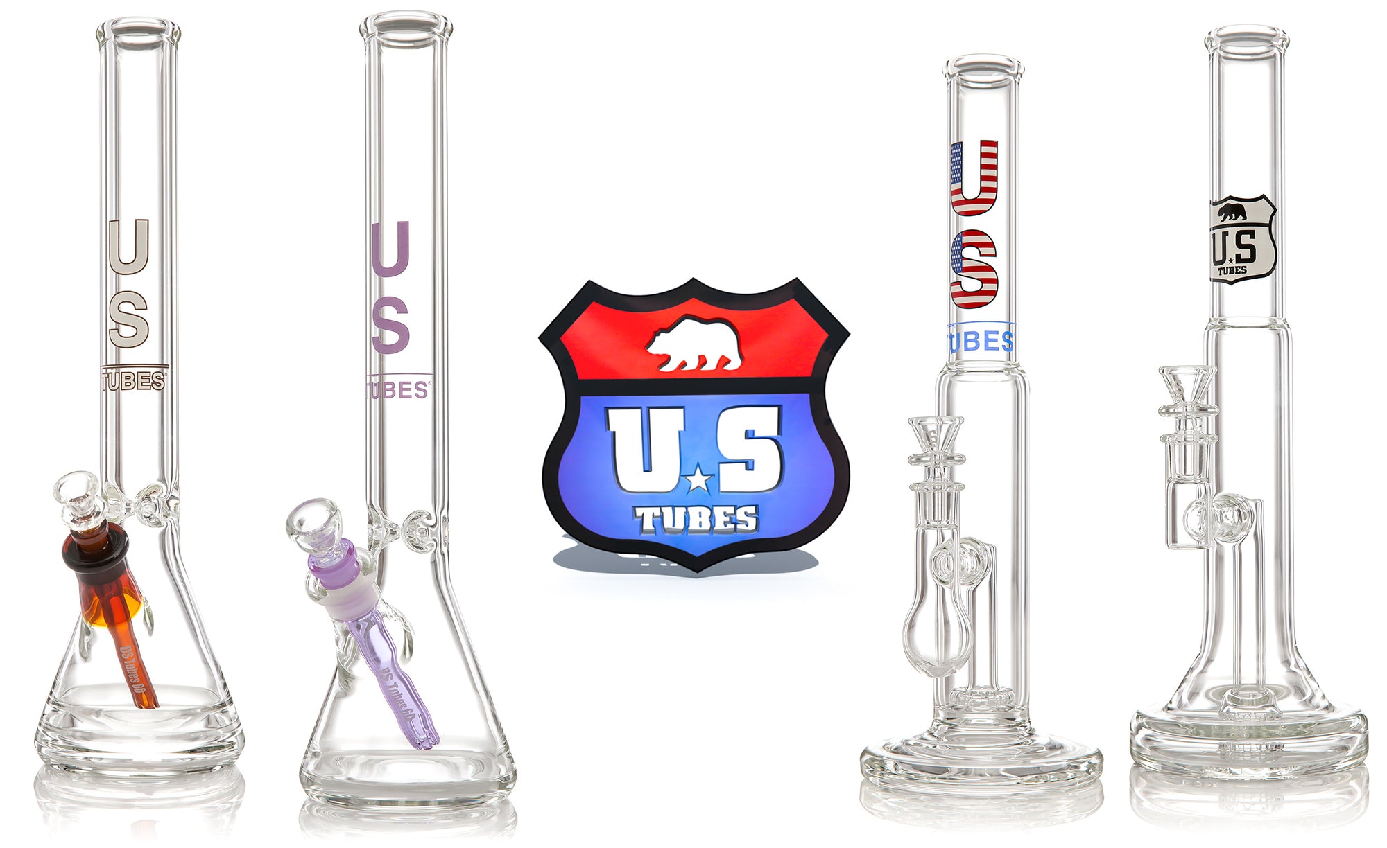 US TUBES Banner with four water pipes and US Tubes logo in the center with drop shadow