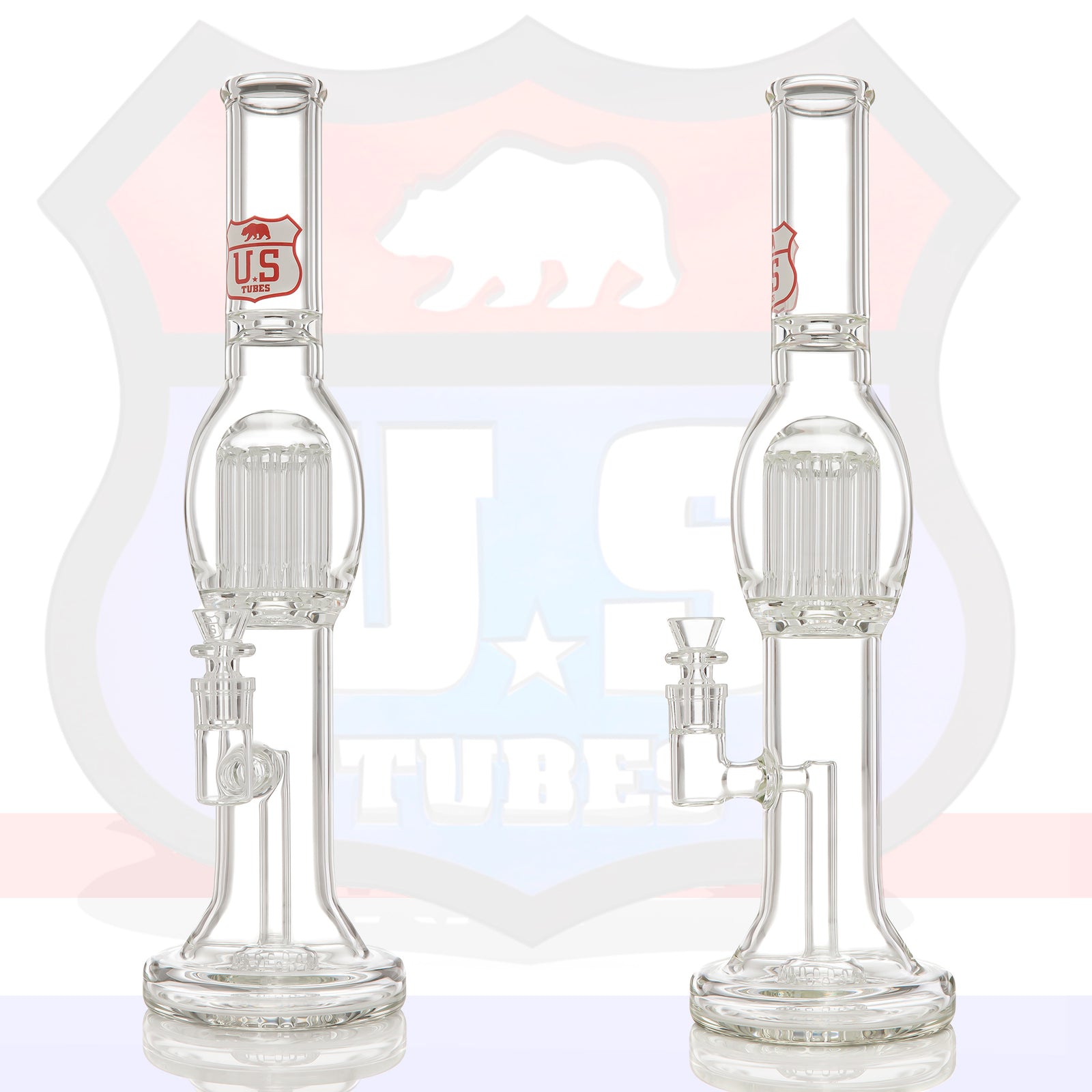 US Tubes Hybrid Fixed Tree Perc Tube shown in two angles with a US Tubes logo as back drop